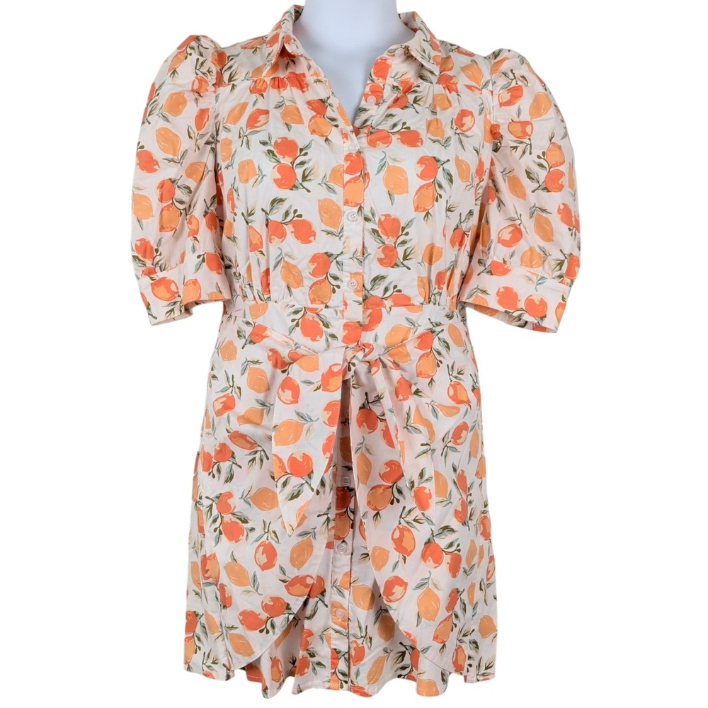 Karlie Womens Orange Lemon Citrus Print Puff Sleeve Tie Waist‎ Teacher Cottage